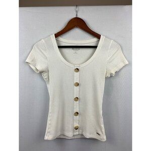 Hollister White Ribbed Button-Front Short Sleeve Top Size S
